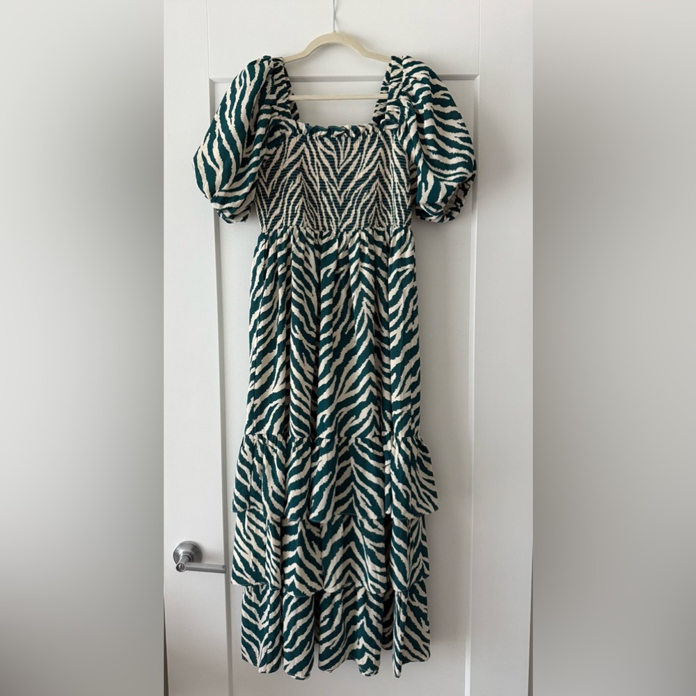English Factory Tiger Print Smocked Midi Dress